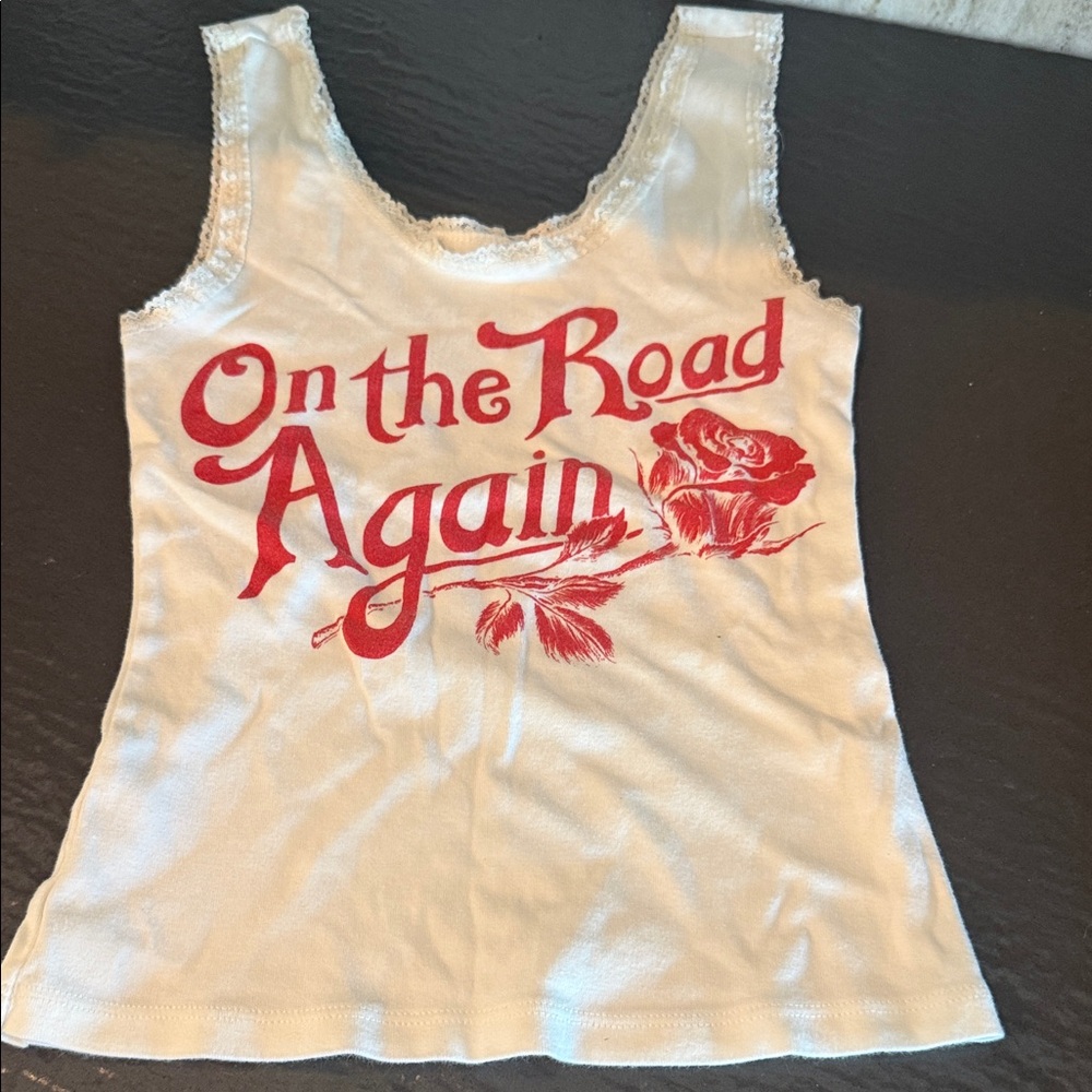 White Lace-Trim Graphic Tank Top with Red 'On the Road Again' Print